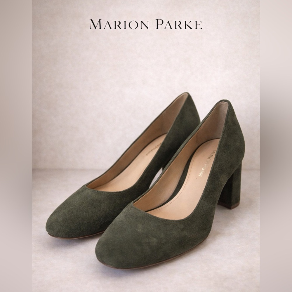Marion Parke Classic Pump 60 Army Green Suede Block Heel Size US 8 EU 38